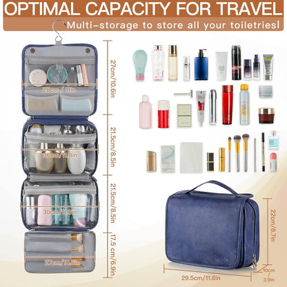 Hanging Toiletry Bag Removable Travel Bag PU leather Makeup Cosmetic Organizer Kit, Dark Brown