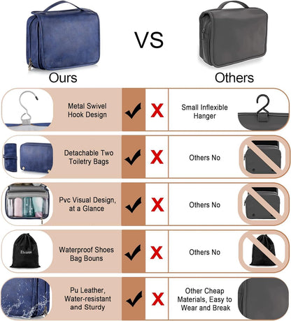 Hanging Toiletry Bag Removable Travel Bag PU leather Makeup Cosmetic Organizer Kit, Dark Brown