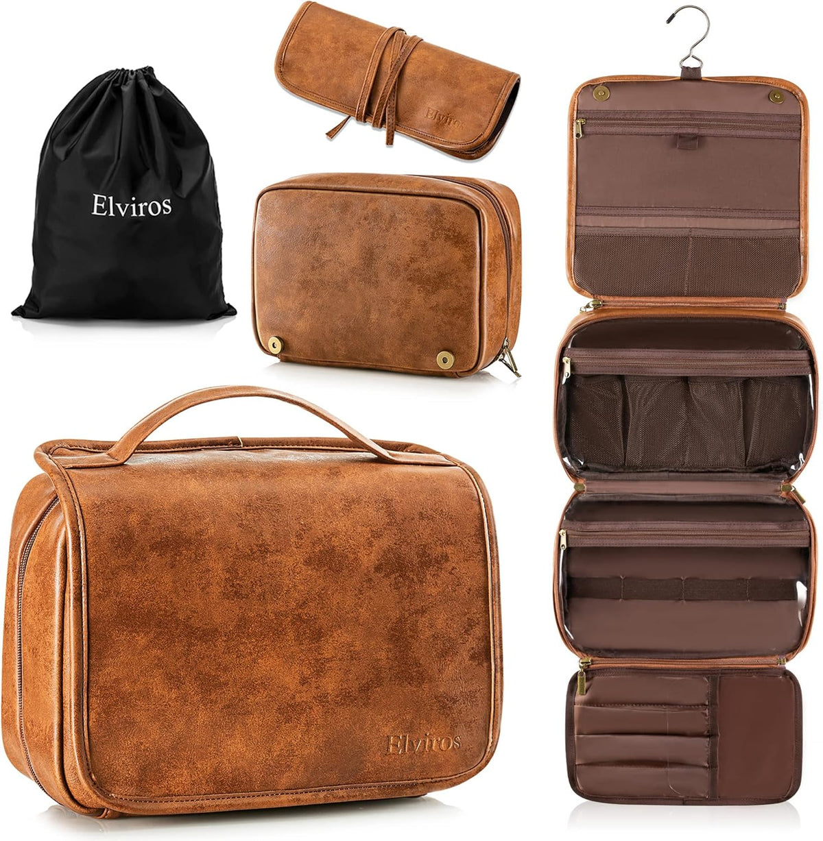 Hanging Toiletry Bag Removable Travel Bag PU leather Makeup Cosmetic Organizer Kit, Dark Brown