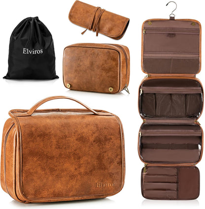 Hanging Toiletry Bag Removable Travel Bag PU leather Makeup Cosmetic Organizer Kit, Dark Brown