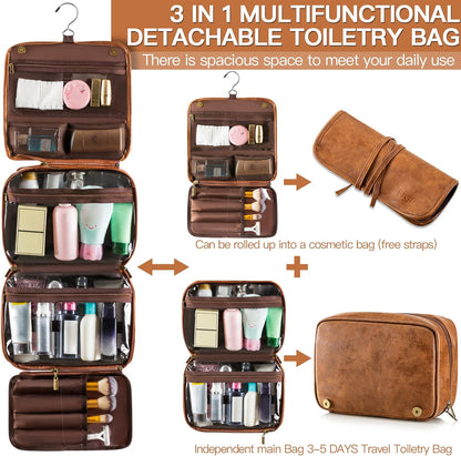 Hanging Toiletry Bag Removable Travel Bag PU leather Makeup Cosmetic Organizer Kit, Dark Brown