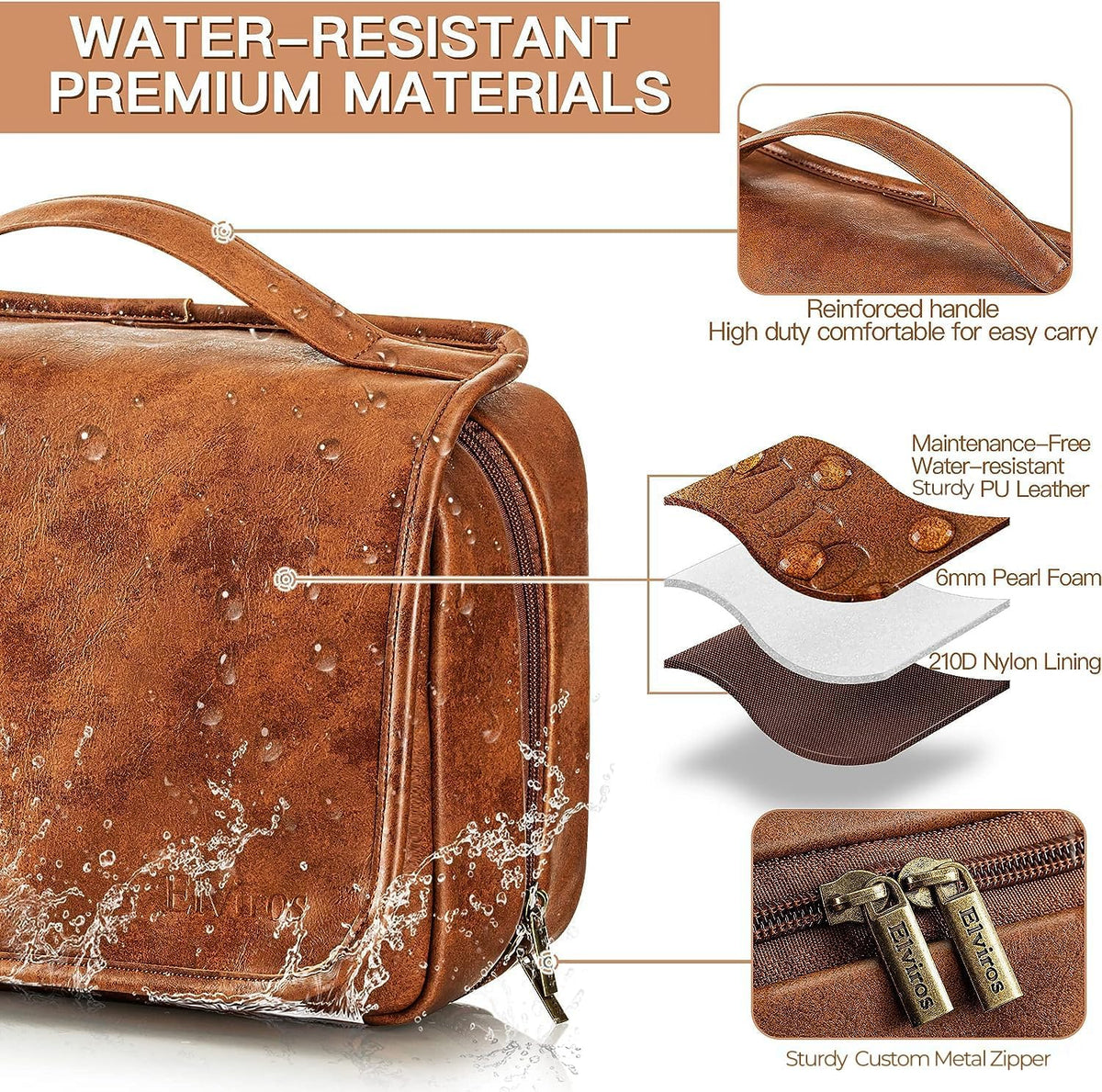 Hanging Toiletry Bag Removable Travel Bag PU leather Makeup Cosmetic Organizer Kit, Dark Brown
