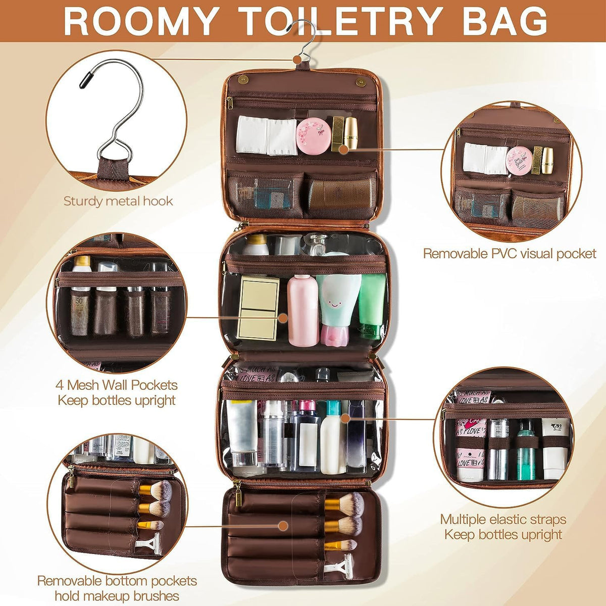 Hanging Toiletry Bag Removable Travel Bag PU leather Makeup Cosmetic Organizer Kit, Dark Brown