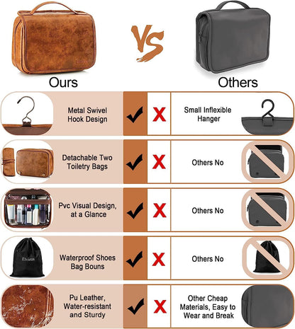 Hanging Toiletry Bag Removable Travel Bag PU leather Makeup Cosmetic Organizer Kit, Dark Brown