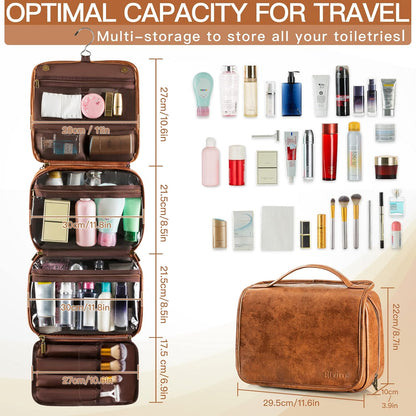 Hanging Toiletry Bag Removable Travel Bag PU leather Makeup Cosmetic Organizer Kit, Dark Brown