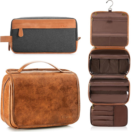 Hanging Toiletry Bag Removable Travel Bag PU leather Makeup Cosmetic Organizer Kit, Dark Brown