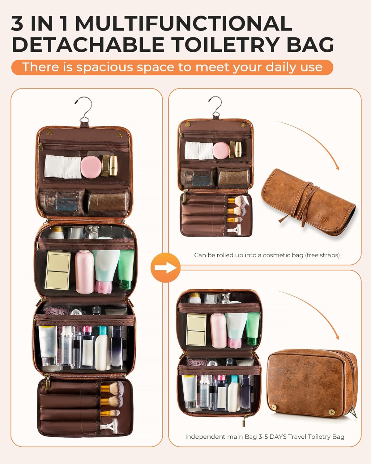 Hanging Toiletry Bag Removable Travel Bag PU leather Makeup Cosmetic Organizer Kit, Dark Brown