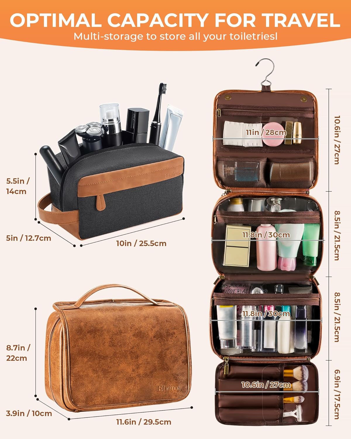 Hanging Toiletry Bag Removable Travel Bag PU leather Makeup Cosmetic Organizer Kit, Dark Brown