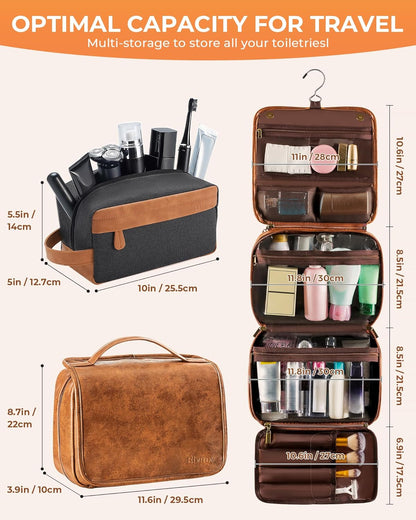 Hanging Toiletry Bag Removable Travel Bag PU leather Makeup Cosmetic Organizer Kit, Dark Brown