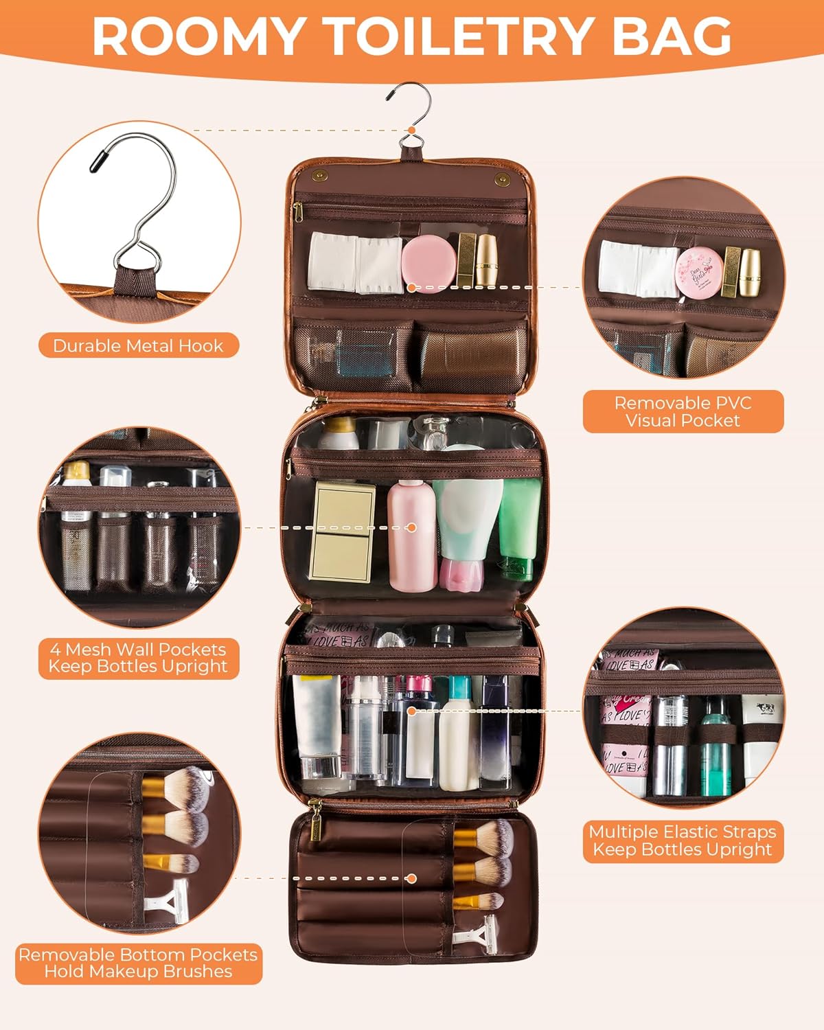 Hanging Toiletry Bag Removable Travel Bag PU leather Makeup Cosmetic Organizer Kit, Dark Brown