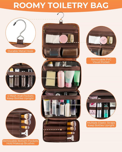 Hanging Toiletry Bag Removable Travel Bag PU leather Makeup Cosmetic Organizer Kit, Dark Brown