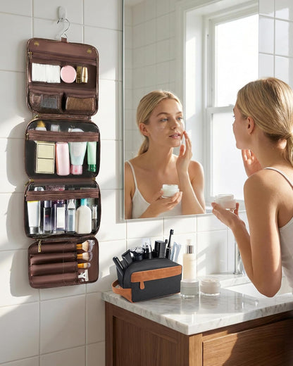Hanging Toiletry Bag Removable Travel Bag PU leather Makeup Cosmetic Organizer Kit, Dark Brown