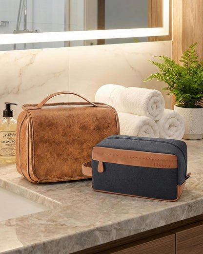 Hanging Toiletry Bag Removable Travel Bag PU leather Makeup Cosmetic Organizer Kit, Dark Brown