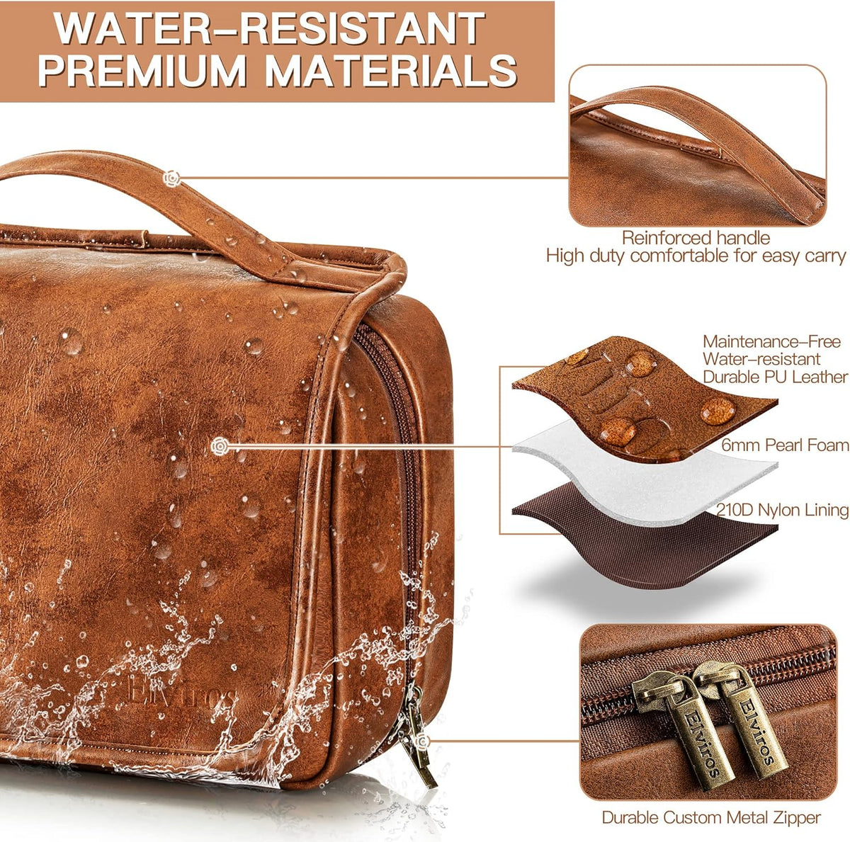 Hanging Toiletry Bag Removable Travel Bag PU leather Makeup Cosmetic Organizer Kit, Dark Brown