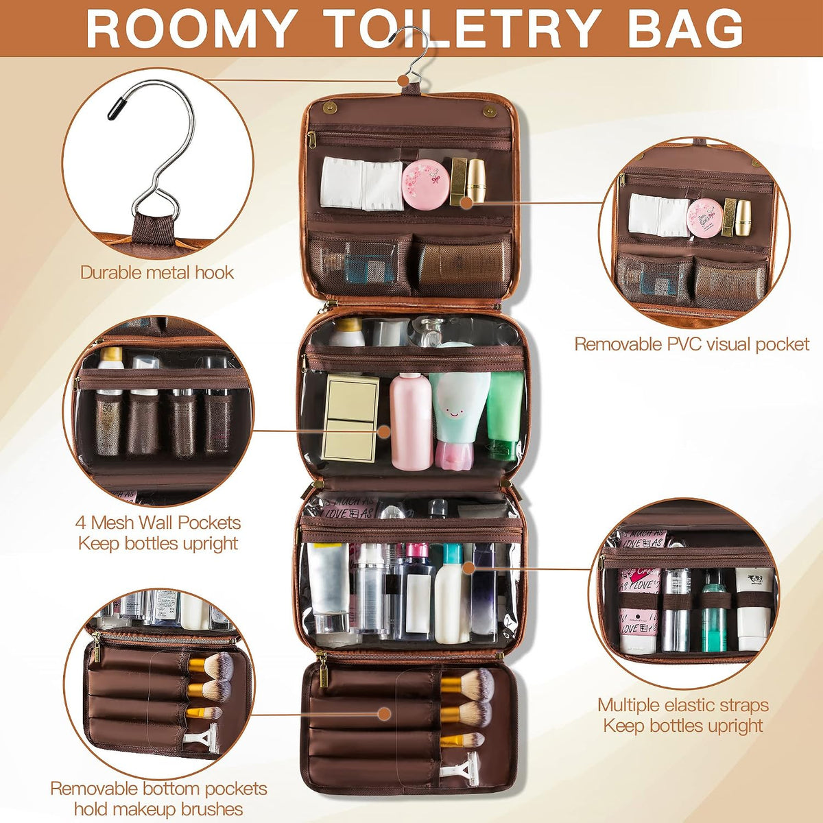 Hanging Toiletry Bag Removable Travel Bag PU leather Makeup Cosmetic Organizer Kit, Dark Brown