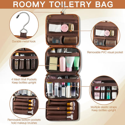 Hanging Toiletry Bag Removable Travel Bag PU leather Makeup Cosmetic Organizer Kit, Dark Brown
