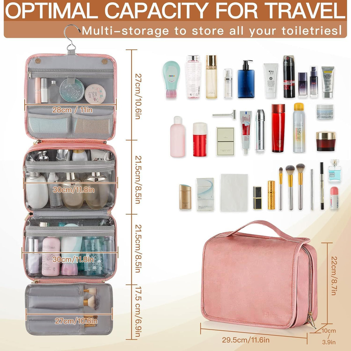 Hanging Toiletry Bag Removable Travel Bag PU leather Makeup Cosmetic Organizer Kit, Dark Brown