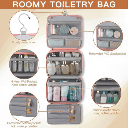 Hanging Toiletry Bag Removable Travel Bag PU leather Makeup Cosmetic Organizer Kit, Dark Brown