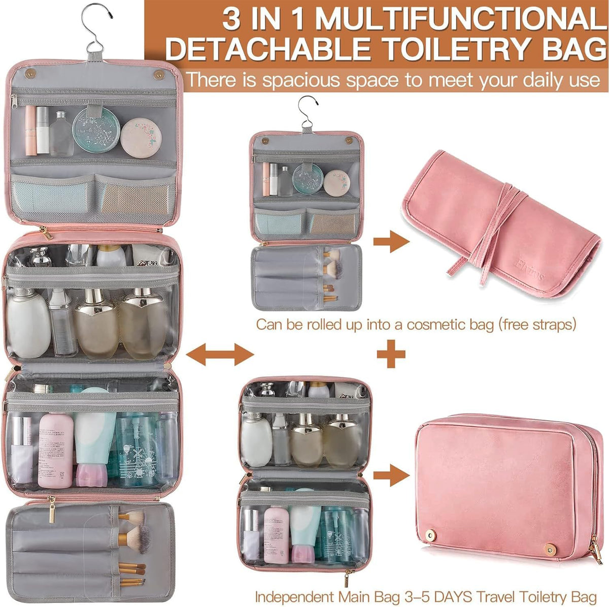 Hanging Toiletry Bag Removable Travel Bag PU leather Makeup Cosmetic Organizer Kit, Dark Brown