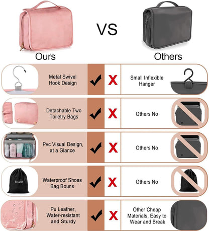 Hanging Toiletry Bag Removable Travel Bag PU leather Makeup Cosmetic Organizer Kit, Dark Brown
