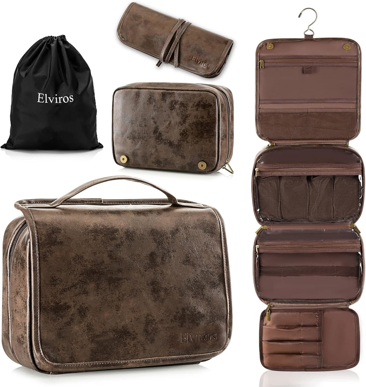 Hanging Toiletry Bag Removable Travel Bag PU leather Makeup Cosmetic Organizer Kit, Dark Brown