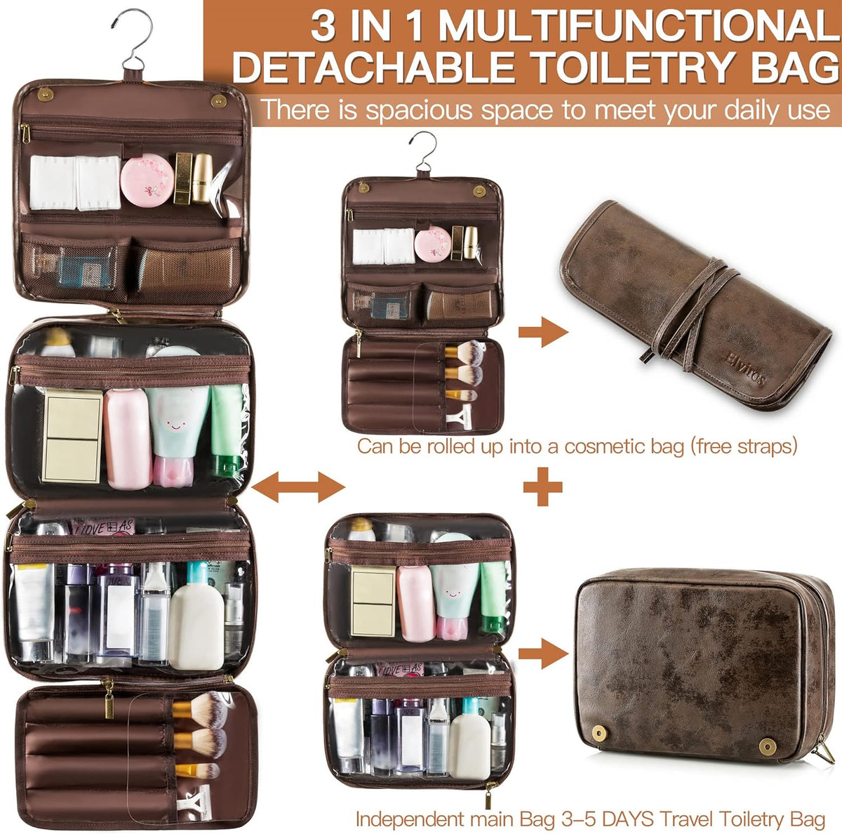 Hanging Toiletry Bag Removable Travel Bag PU leather Makeup Cosmetic Organizer Kit, Dark Brown