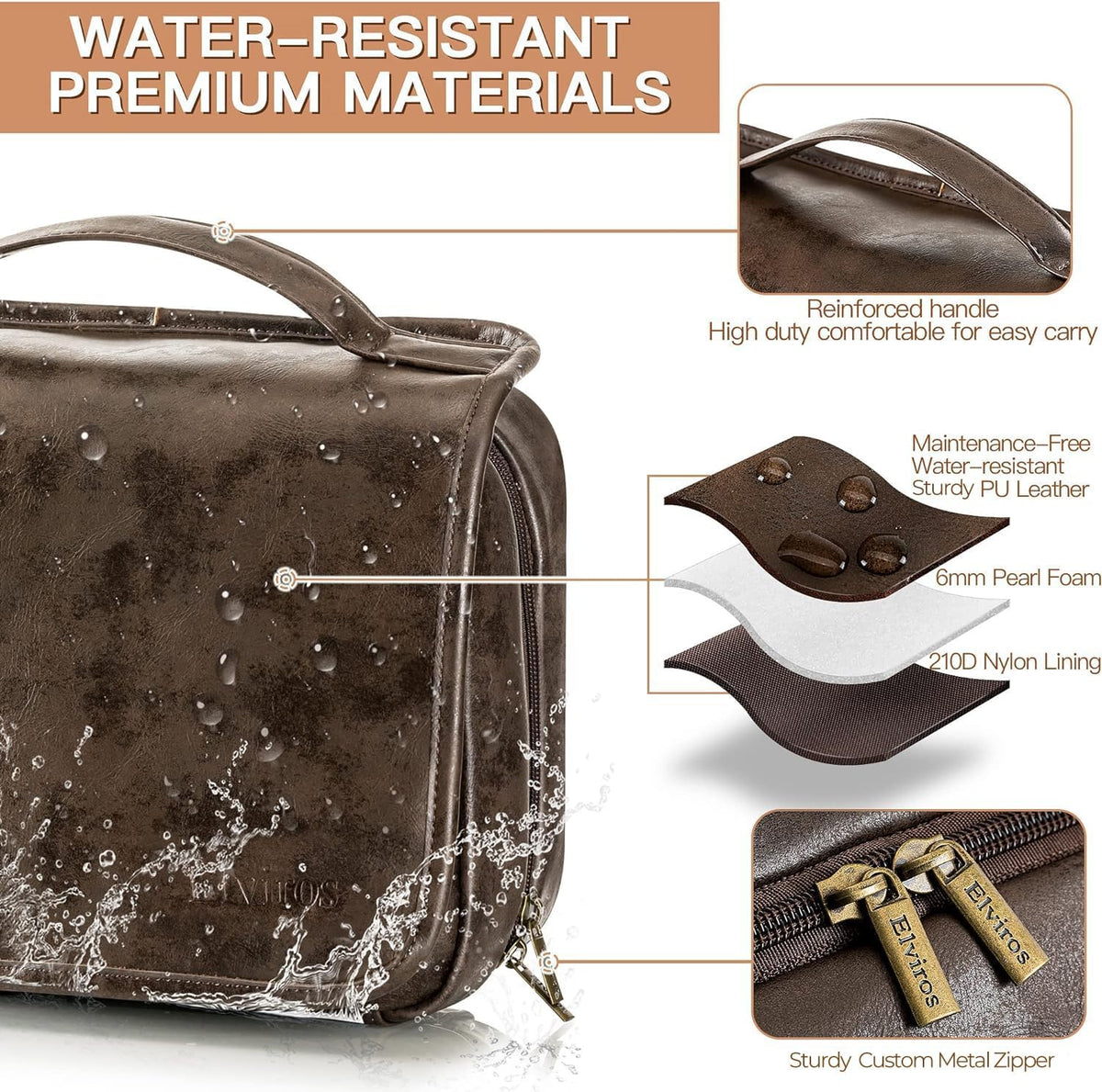 Hanging Toiletry Bag Removable Travel Bag PU leather Makeup Cosmetic Organizer Kit, Dark Brown