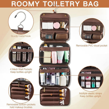 Hanging Toiletry Bag Removable Travel Bag PU leather Makeup Cosmetic Organizer Kit, Dark Brown