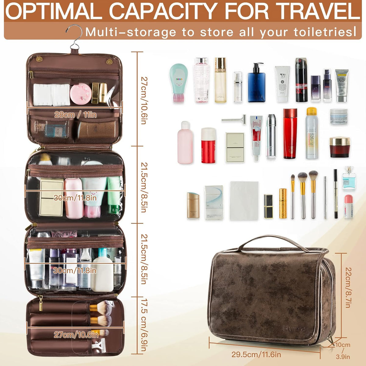 Hanging Toiletry Bag Removable Travel Bag PU leather Makeup Cosmetic Organizer Kit, Dark Brown