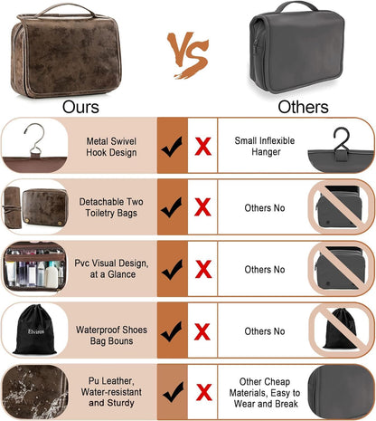 Hanging Toiletry Bag Removable Travel Bag PU leather Makeup Cosmetic Organizer Kit, Dark Brown