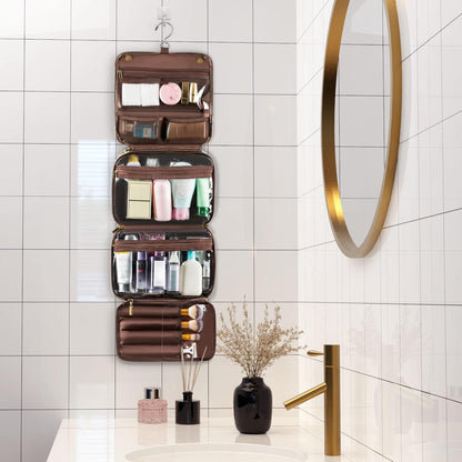 Hanging Toiletry Bag Removable Travel Bag PU leather Makeup Cosmetic Organizer Kit, Dark Brown