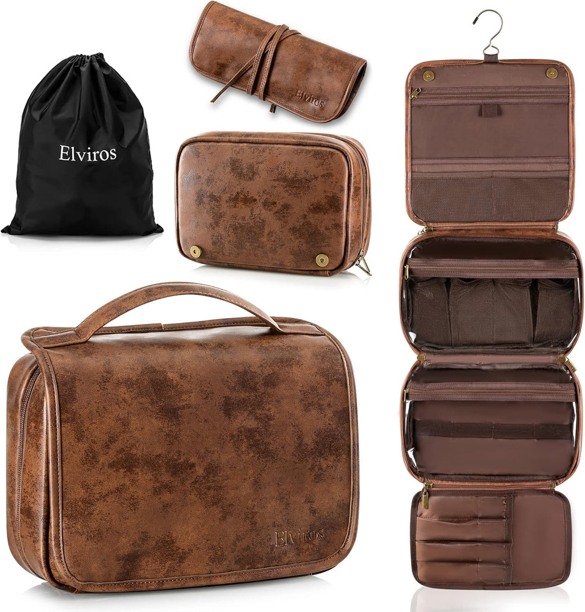 Hanging Toiletry Bag Removable Travel Bag PU leather Makeup Cosmetic Organizer Kit, Dark Brown