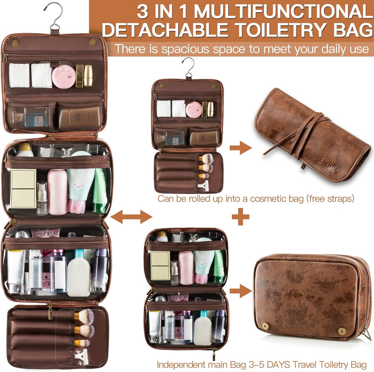 Hanging Toiletry Bag Removable Travel Bag PU leather Makeup Cosmetic Organizer Kit, Dark Brown