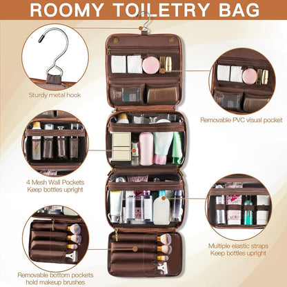 Hanging Toiletry Bag Removable Travel Bag PU leather Makeup Cosmetic Organizer Kit, Dark Brown