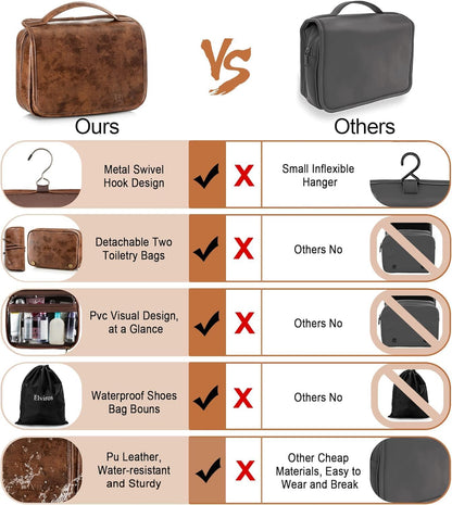 Hanging Toiletry Bag Removable Travel Bag PU leather Makeup Cosmetic Organizer Kit, Dark Brown