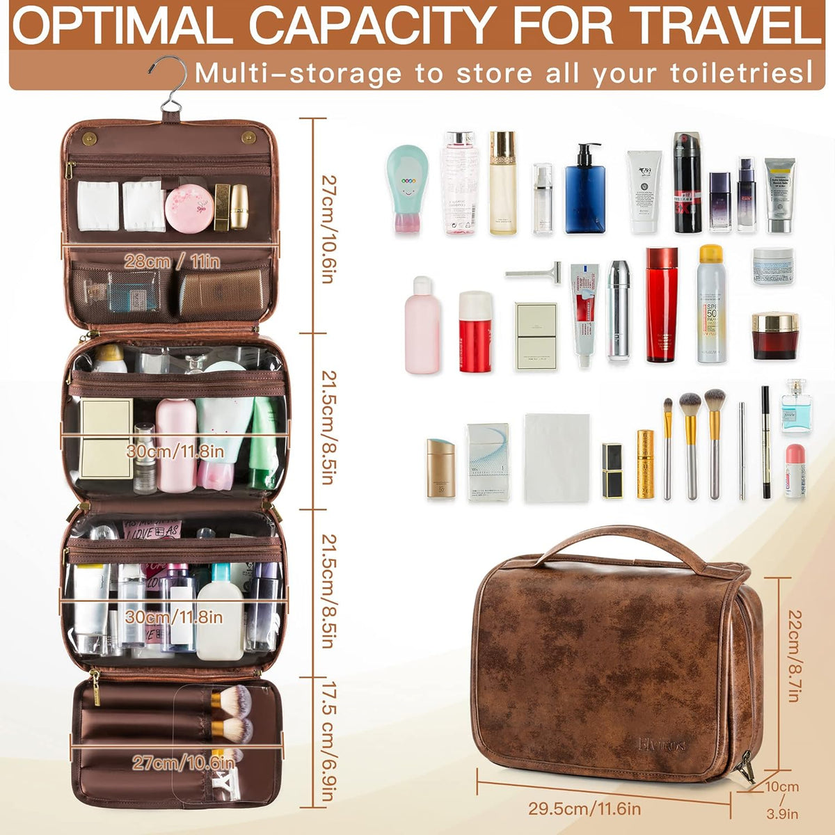 Hanging Toiletry Bag Removable Travel Bag PU leather Makeup Cosmetic Organizer Kit, Dark Brown