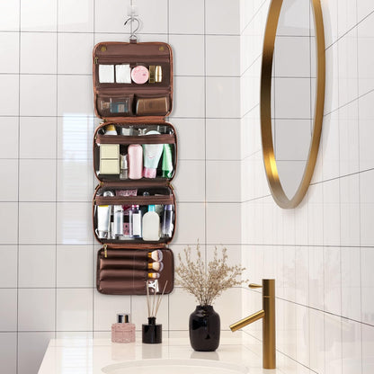 Hanging Toiletry Bag Removable Travel Bag PU leather Makeup Cosmetic Organizer Kit, Dark Brown