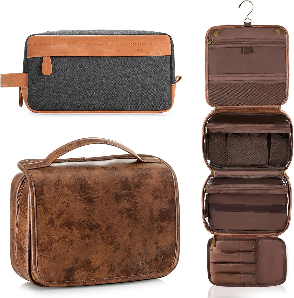 Hanging Toiletry Bag Removable Travel Bag PU leather Makeup Cosmetic Organizer Kit, Dark Brown