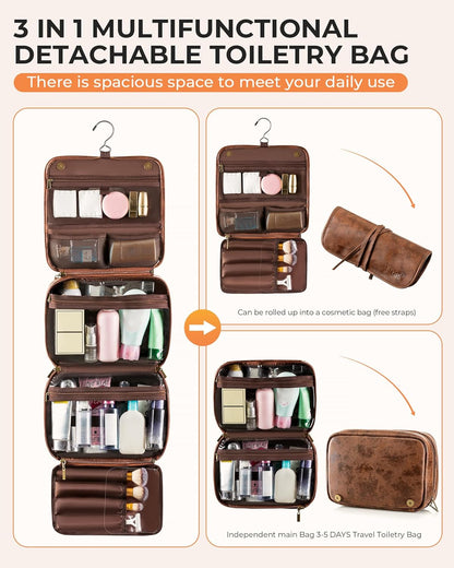 Hanging Toiletry Bag Removable Travel Bag PU leather Makeup Cosmetic Organizer Kit, Dark Brown