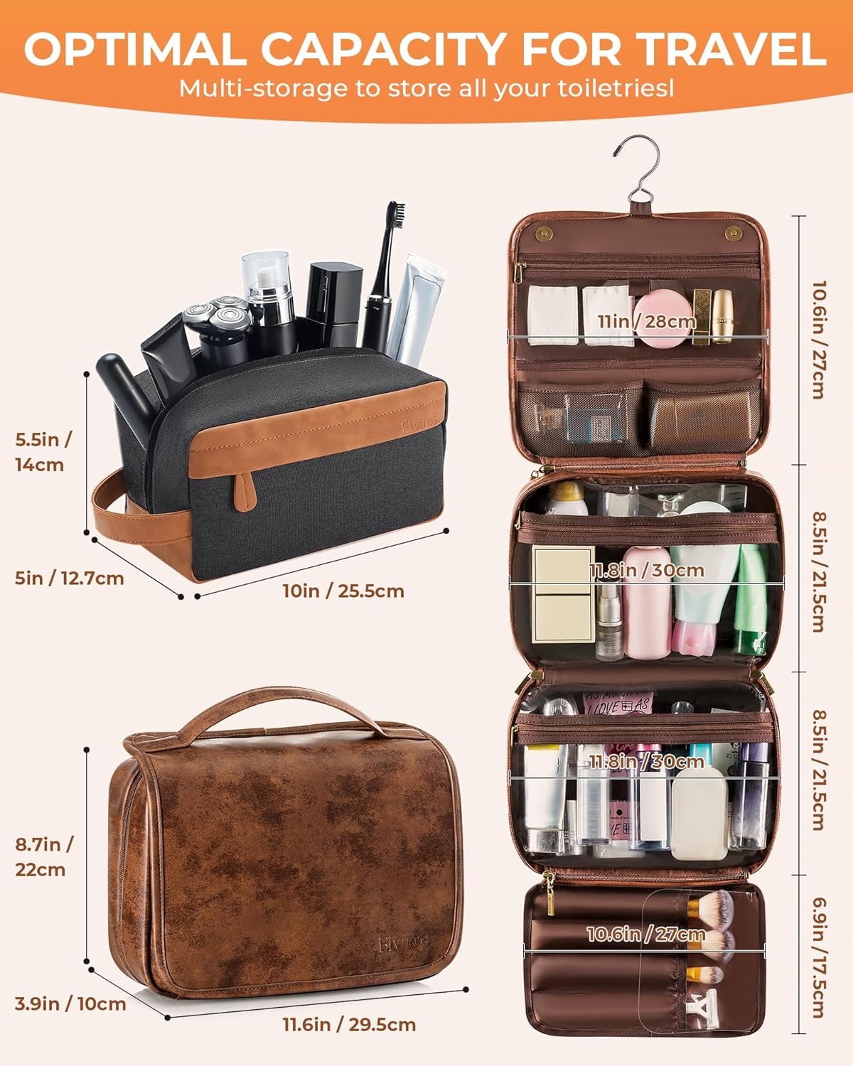Hanging Toiletry Bag Removable Travel Bag PU leather Makeup Cosmetic Organizer Kit, Dark Brown