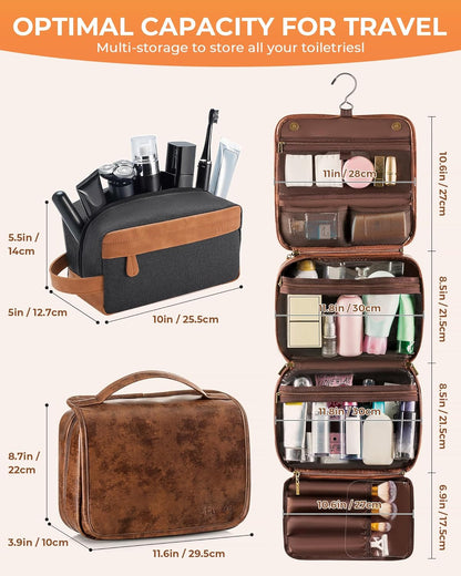 Hanging Toiletry Bag Removable Travel Bag PU leather Makeup Cosmetic Organizer Kit, Dark Brown