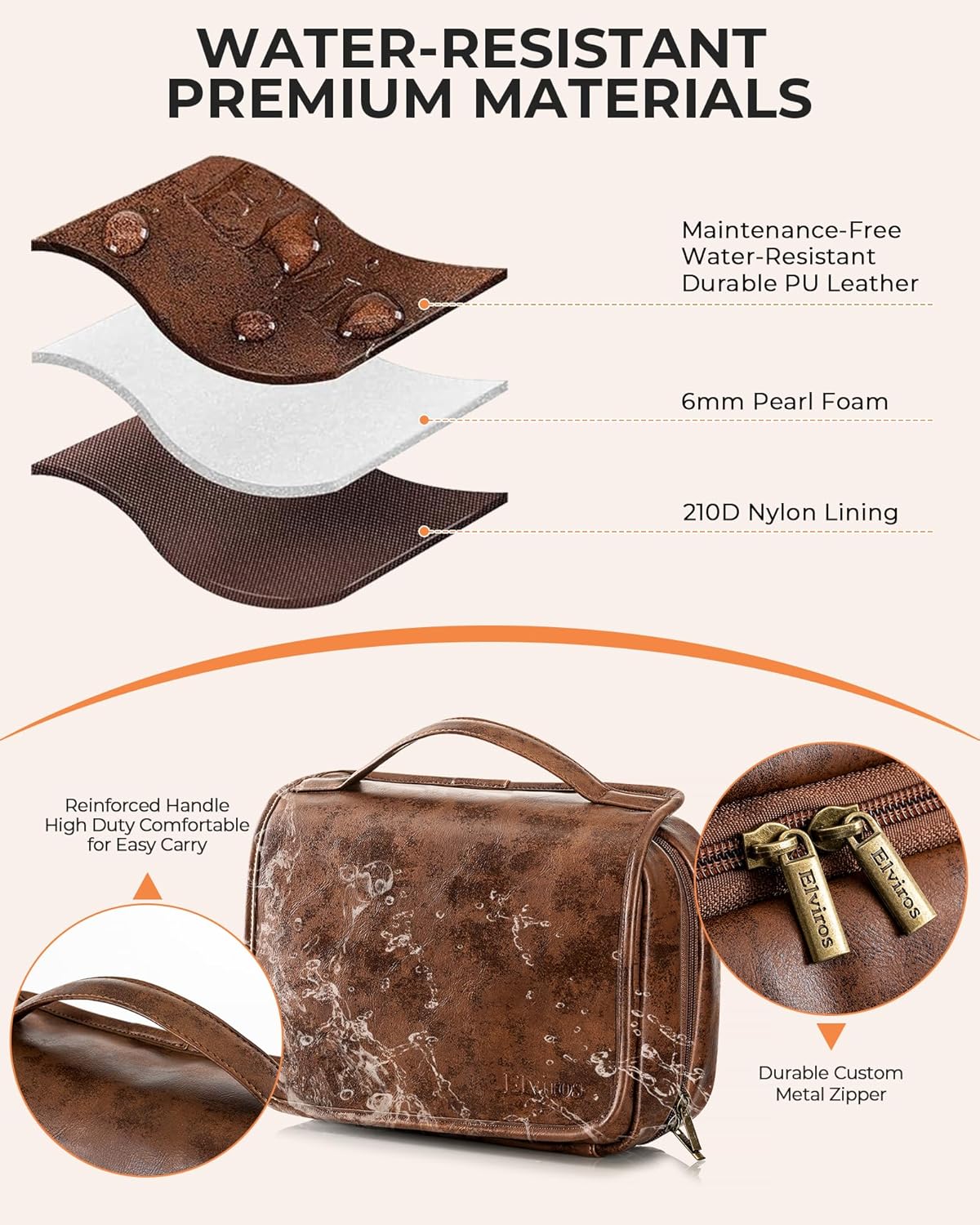 Hanging Toiletry Bag Removable Travel Bag PU leather Makeup Cosmetic Organizer Kit, Dark Brown