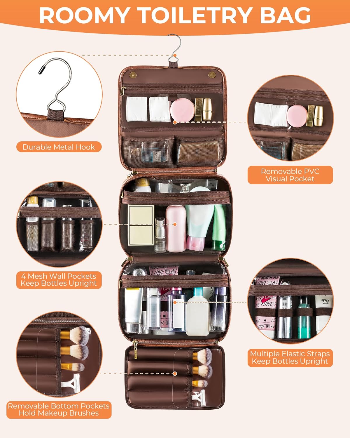 Hanging Toiletry Bag Removable Travel Bag PU leather Makeup Cosmetic Organizer Kit, Dark Brown