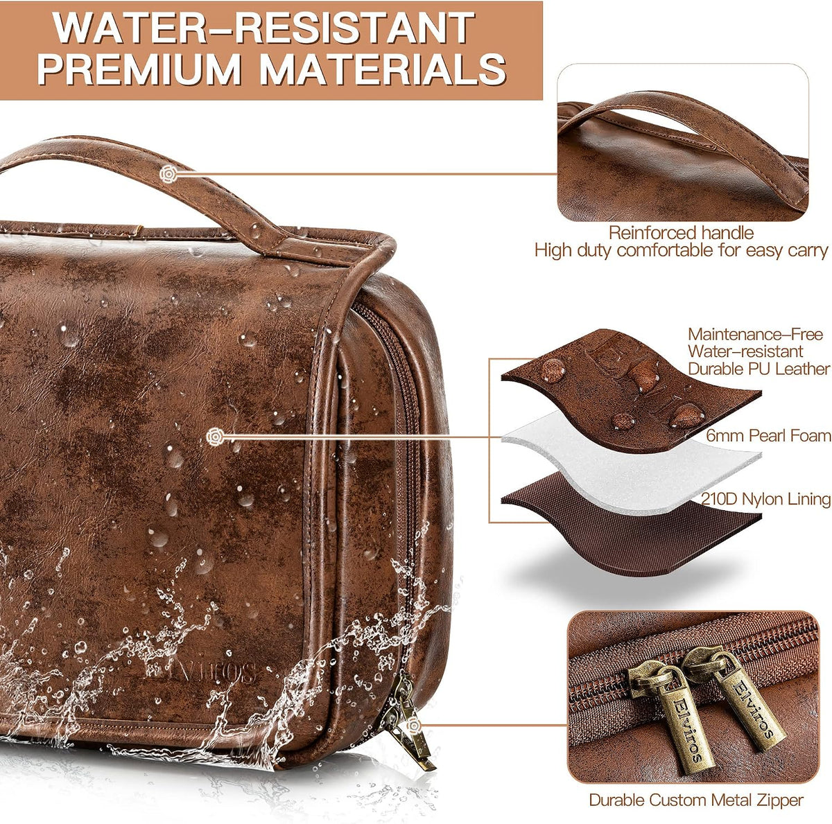 Hanging Toiletry Bag Removable Travel Bag PU leather Makeup Cosmetic Organizer Kit, Dark Brown