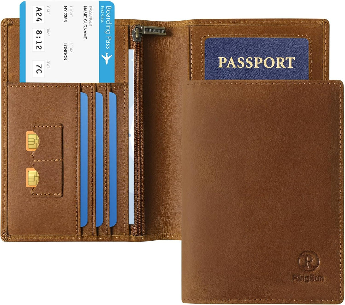 Leather Passport Cover for Men Women, RFID Passport Wallet Case Travel Passport Holder for Family