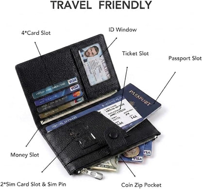 Genuine Leather Passport Holder for International Travel, RFID Blocking Compact Travel Wallet with Card Slots, Zipper Coin Pocket and SIM Slots, Slim Passport Cover Case, Black
