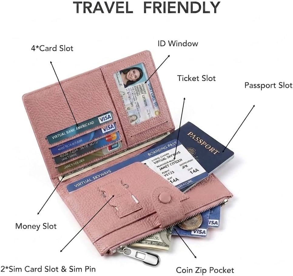 Genuine Leather Passport Holder for International Travel, RFID Blocking Compact Travel Wallet with Card Slots, Zipper Coin Pocket and SIM Slots, Slim Passport Cover Case, Black