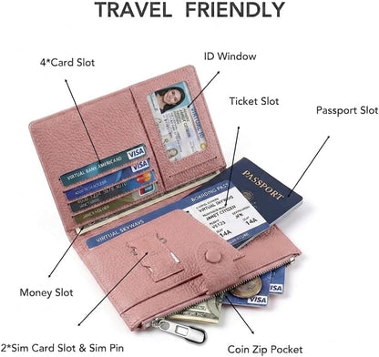 Genuine Leather Passport Holder for International Travel, RFID Blocking Compact Travel Wallet with Card Slots, Zipper Coin Pocket and SIM Slots, Slim Passport Cover Case, Black