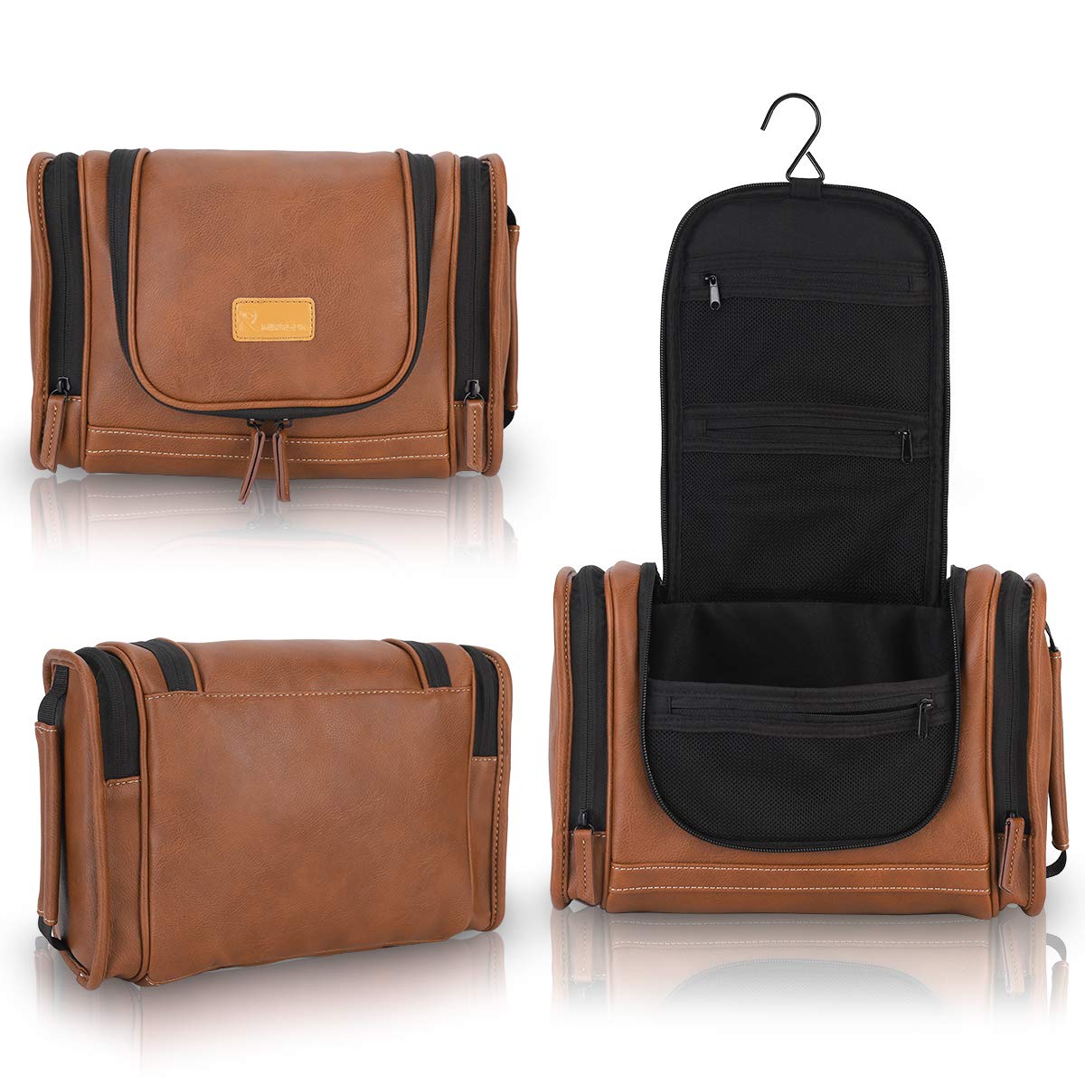 Travel Toiletry Bag, Hanging Toiletry Bag for Men, Leather Travel Shower Bag for Toiletries Dopp Kit Bathroom Bag with Metal Hook, Gift for Men (Brown)