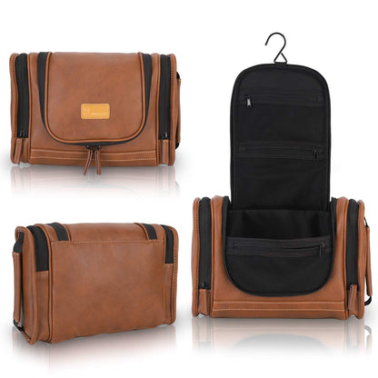Travel Toiletry Bag, Hanging Toiletry Bag for Men, Leather Travel Shower Bag for Toiletries Dopp Kit Bathroom Bag with Metal Hook, Gift for Men (Brown)
